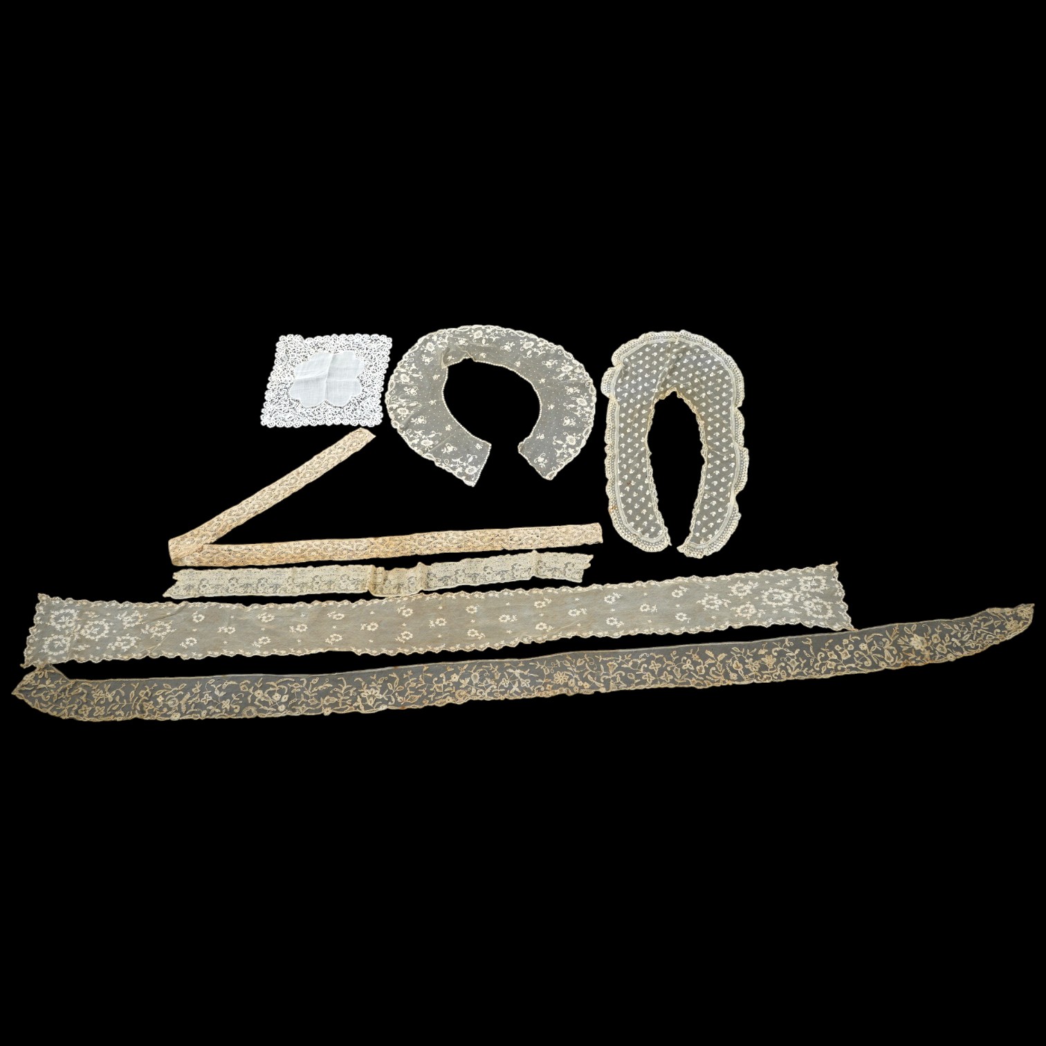 An early 19th bobbin lace length and a Brussels needle lace length, a Brussels bobbin lace wedding hankie and Brussels collar and length of trimming, a needle run collar and similar stole. (7). Brussels bobbin trim 250cm